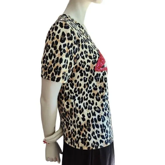Shein Pullover Top Women's Animal Print Tan Black Sequin Lips - Picture 5 of 8